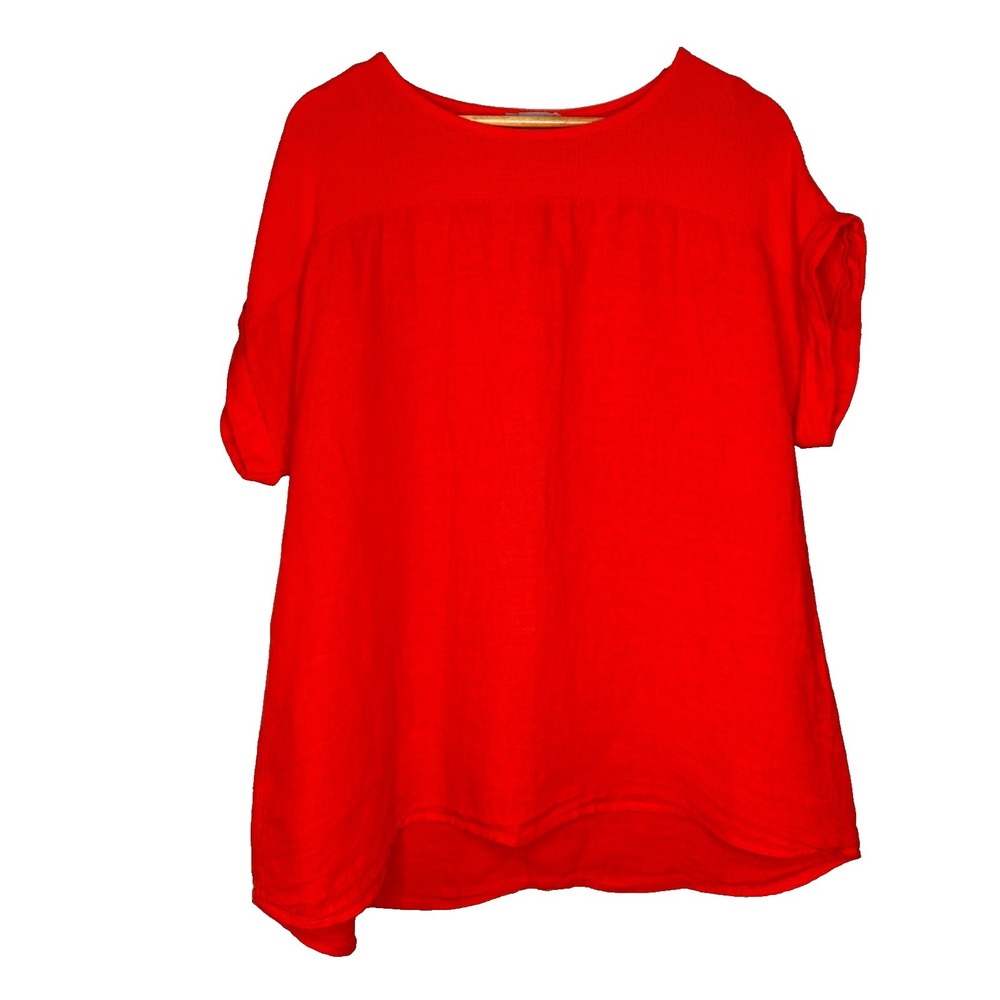 Saiph Lab Italy 100% Linen Blouse Top Size 1X Orange Poppy Short Sleeve Plus